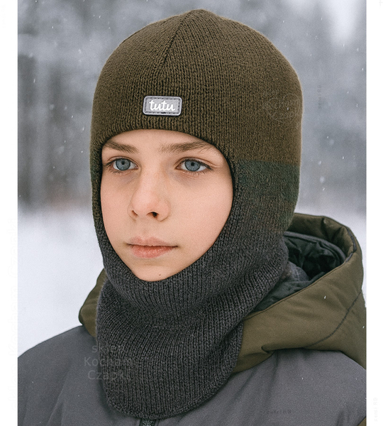Kominiarka merino na zimę dla chłopca, Tivolin, khaki/grafit, 52-56 cm 