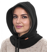 Komin z kapturem damski, kominiarka/kaptur zimowy, merino 17%, Beliza, czarny, 55-62 cm