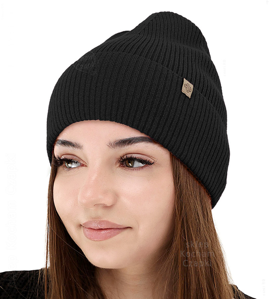 Czapka jesienna, damska, wełna merino z kaszmirem, Nalieta, czarna, 54-57 cm