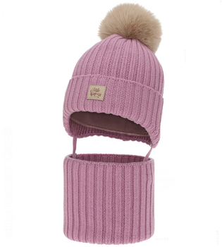 Czapka i komin dla dziewczynki, zimowy komplet, 100% wełniany merino, Lamesia, wrzosowy, 47-49 cm  