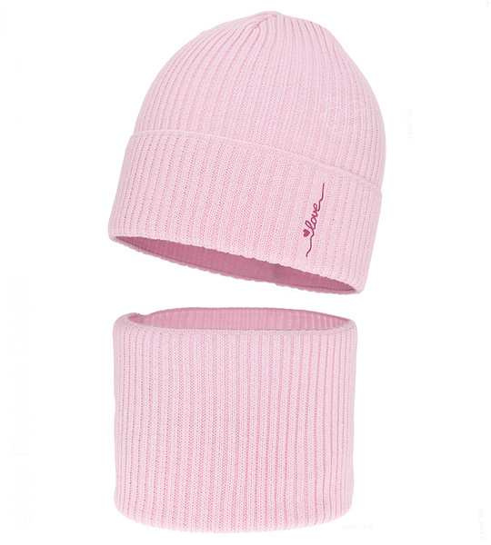 Czapka i komin dla dziewczynki jesienny, wiosenny komplet, róż jasny (02), Velara, 52-54 