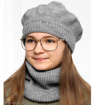 Beret i komin dla dziewczynki, zimowy komplet, Akcja, szary, 50-54 cm