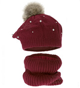 Beret zimowy i komin dla dziewczynki, komplet Anette, bordowy, 52-54 cm