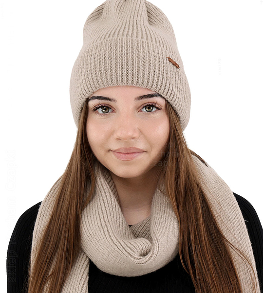 Komplet zimowy damski, czapka i szalik, z wełną merino, Alyssa, beżowy (15), 56-60 cm