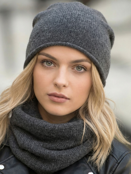 Czapka i komin z wełny merino i kaszmiru, komplet damski, Cetina, grafitowy, 56-60 cm