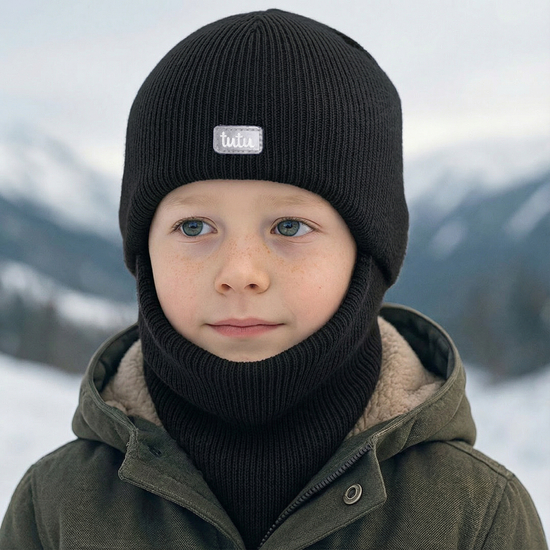 Kominiarka zimowa dla chłopca, wełna merino 100%, czarna, 52-56 cm