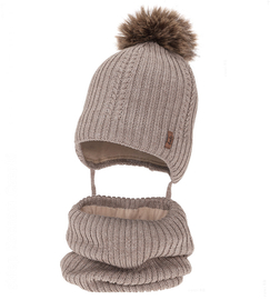 Czapka i komin dla chłopca, z wełną merino, Gonzo, beżowy, 48-50 cm