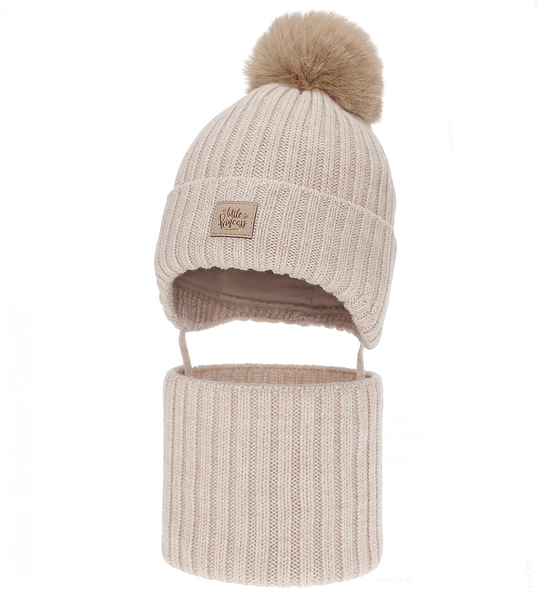 Czapka i komin dla dziewczynki, zimowy komplet, 100% wełniany merino, Lamesia, beżowy, 47-49 cm  