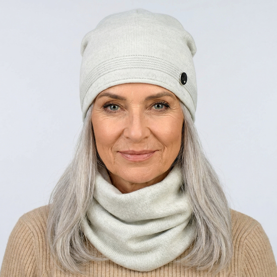Czapka i komin damski, komplet wiosenny-jesienny, Reditta, szary perłowy, 55-60 cm