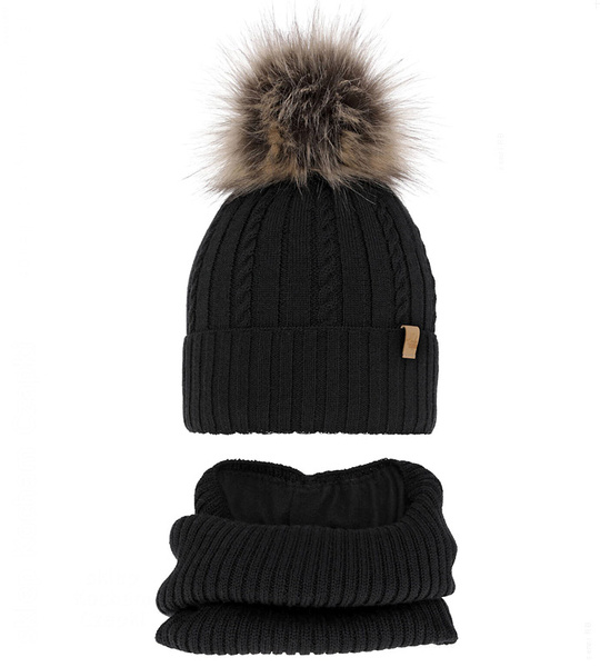 Czapka i komin merino dla dziewczynki, polar, Rimabel, czarny, 51-53 cm