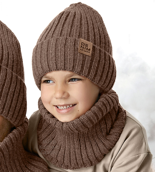 Czapka i komin, dla chłopca, zimowy komplet, Carmos, brązowy, 48-52 cm