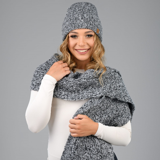 Czapka i komin damski, zimowy komplet, Jymaya, szary/czarny melanż, 55-57 cm