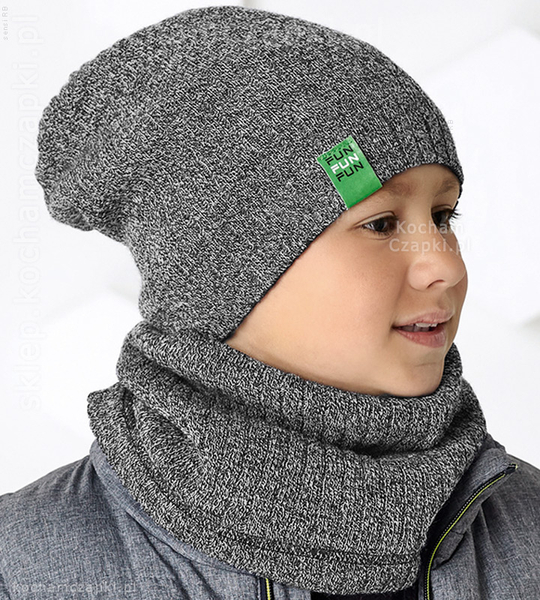 Komplet dla chłopca, czapka i komin, czarny+szary, Ralph, 50-54 cm
