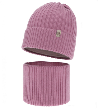 Czapka i komin dla dziewczynki, 100% merino, Temira, wrzosowy, 50-52 cm