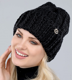 Piękna czapka zimowa damska, włóczkowa, Wilhelmina, czarna, 54-57 cm