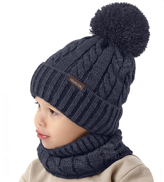 Czapka zimowa z kominem dla chłopca, Enmiel, granatowy melanż, 50-53 cm