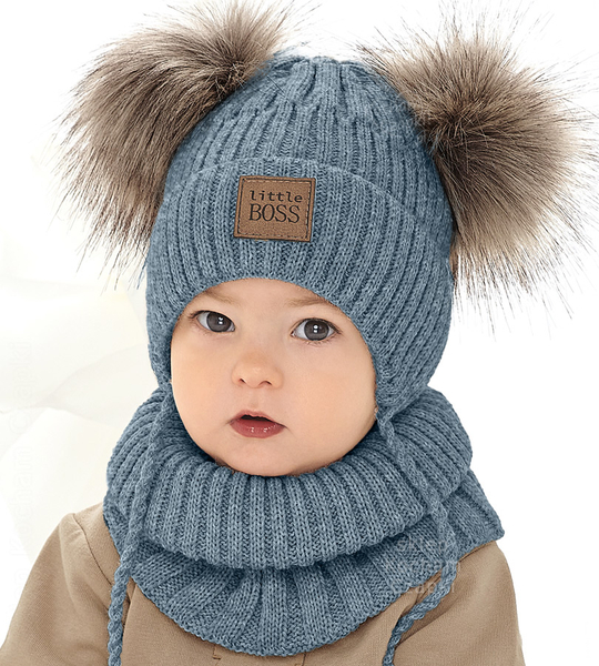 Zimowa czapka i komin dla chłopca, Goodeve, niebieski melanż (2), 48-51 cm