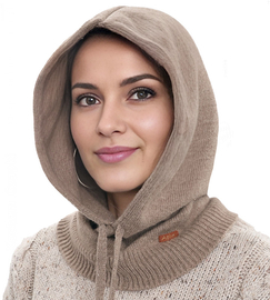 Komin z kapturem damski, kominiarka/kaptur zimowy, merino 17%, Beliza, beżowa, 55-62 cm