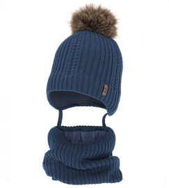 Czapka i komin dla chłopca, z wełną merino, Gonzo, niebieski, 48-50 cm