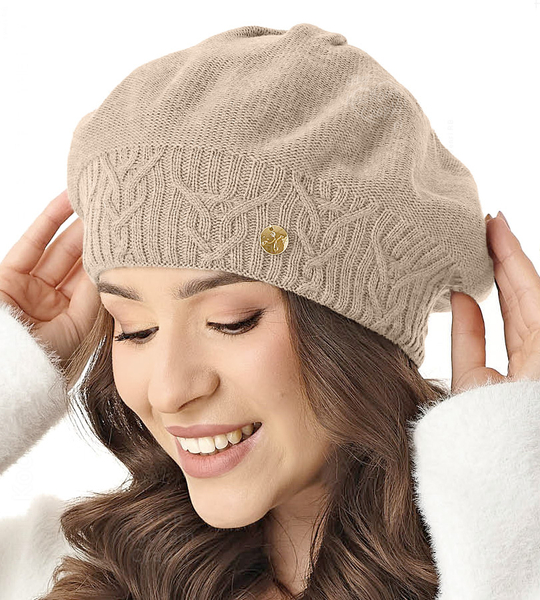  Beret damski, czapka,  Belana, beż melanż, 56-59 cm