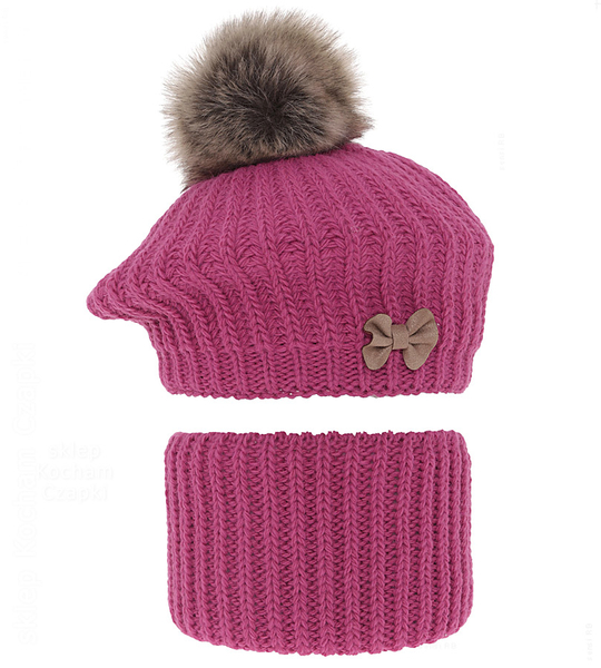 Beret zimowy i komin dla dziewczynki, Lopezja, amarantowy, 52-54 cm