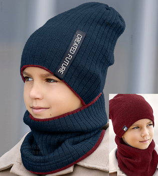 Zimowa czapka i komin, sportowy komplet dla chłopca, Creation, dwustronny, granat + bordo, 50-55 cm