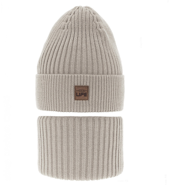 Komplet zimowy dla chłopca: czapka i komin, Sabilio, szaro-beżowy (12), 48-50 cm