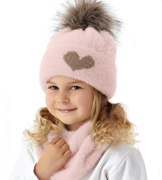 Czapka i komin dla dziewczynki, zimowy komplet, Peliana, różowy, 48-52 cm