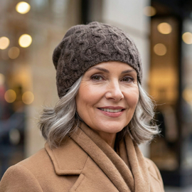 Czapka damska z wełny merino i kaszmiru, jesienna/zimowa, Elitana, brązowa, 54-56 cm