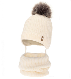 Czapka zimowa i komin z wełną merino, dla dziewczynki, Anmunda, kremowy, 44-46 cm