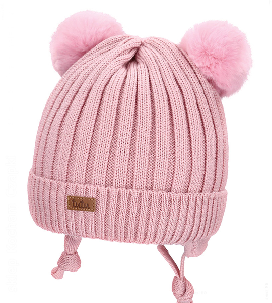 Czapka merino dla dziewczynki, zimowa z pomponami, Kamino, różowa, 48-51 cm
