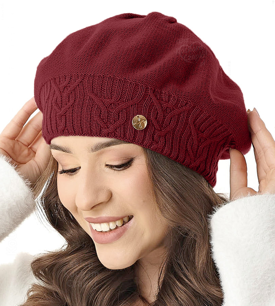  Beret damski, czapka,  Belana, bordowy, 56-59 cm