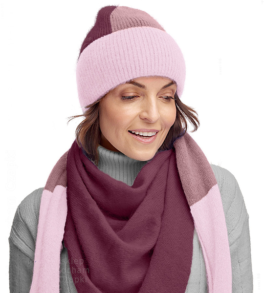 Czapka zimowa i chusta zimowa, komplet damski z angory, Nibela, bordowy, 55-60 cm