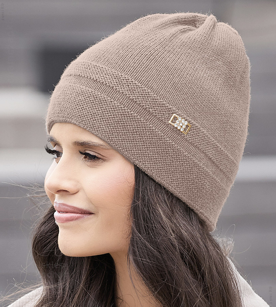 Czapka zimowa damska, elegancka, z wełny 100% merino, Orchidea, kakaowa, 55-57 cm