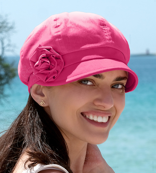 Elegancka czapka z daszkiem, kaszkiet damski z lnu, na lato, S784, amarantowy, 55-57 cm