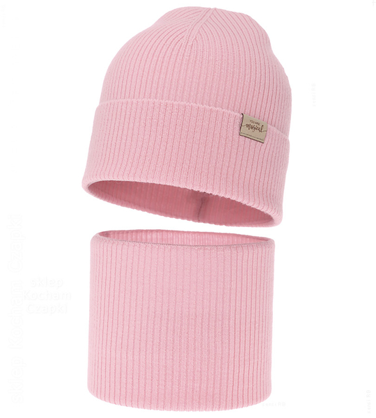 Czapka i komin dla dziewczynki, jesienny/wiosenny komplet, 100% merino, Gamenta, różowy (04), 48-51 cm