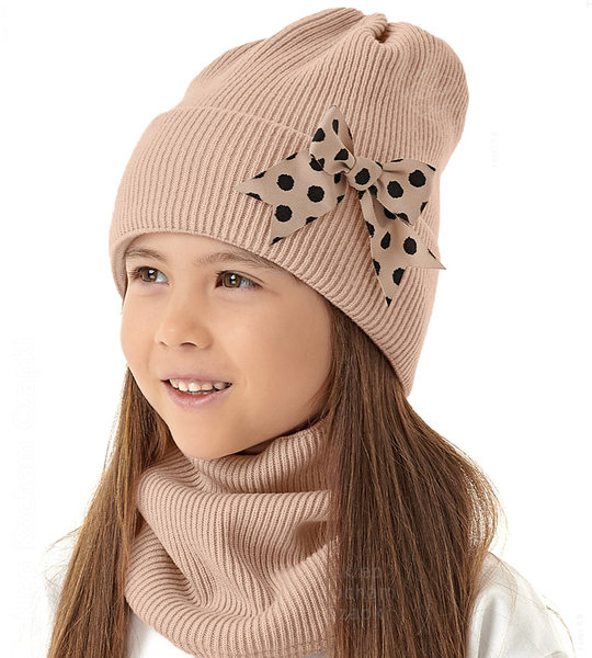 Czapka zimowa i komin dla dziewczynki, Lovilet, beżowy latte, 52-56 cm