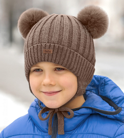 Czapka merino dla chłopca, zimowa z pomponami, Kamino, brązowy, 48-51 cm