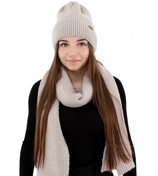Komplet zimowy damski, czapka i szalik,  z wełną merino, Alyssa, czarny, 56-60 cm