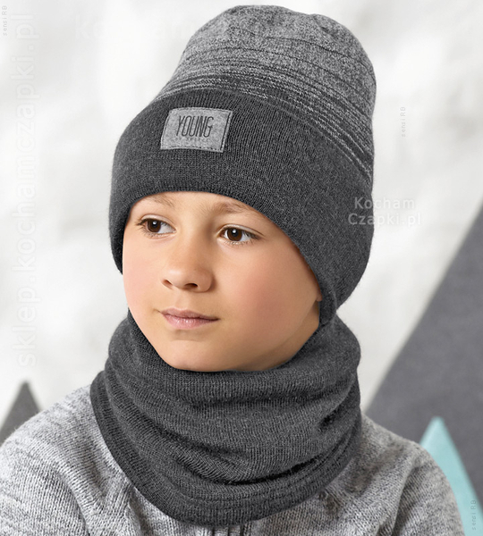 Czapka zimowa beanie i komin dla chłopca, Mathias, szary, 50-54 cm