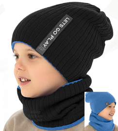 Czapka i komin dla chłopca, komplet zimowy, dwustronny, LetsGOPlay, czarny+chabrowy revers, 50-54 cm