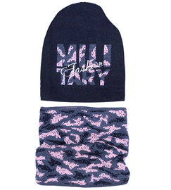 Czapka i komin dla dziewczynki, komplet wiosenny-jesienny, granatowy, Lindita, 49-52 cm