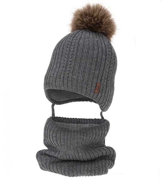 Czapka i komin dla chłopca, z wełną merino, Gonzo, szary (09) , 48-50 cm
