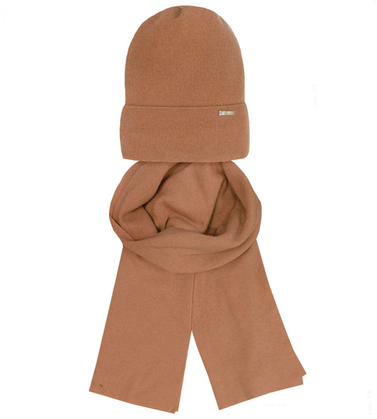 Komplet damski wełniany, czapka i szal, Berbra, karmelowy, rozm. 54-56