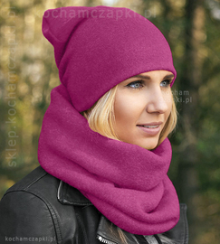 Komplet zimowy, czapka damska smerfetka z kominem, Benita, róż fuksja (9), 55-57
