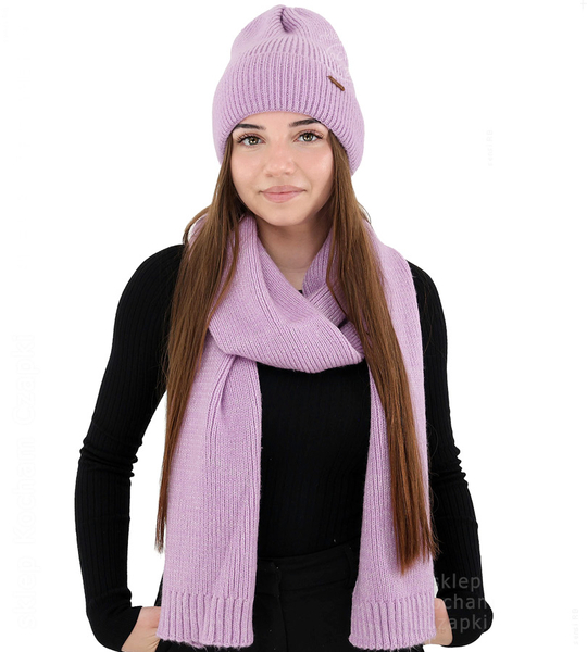 Komplet zimowy damski, czapka i szalik, z wełną merino, Alyssa, fioletowy, 56-60 cm