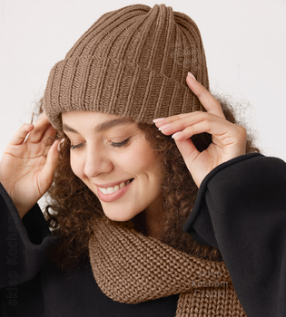 Komplet czapka i szalik,  merino 100%, Porshia, kakaowy, 55-56 cm