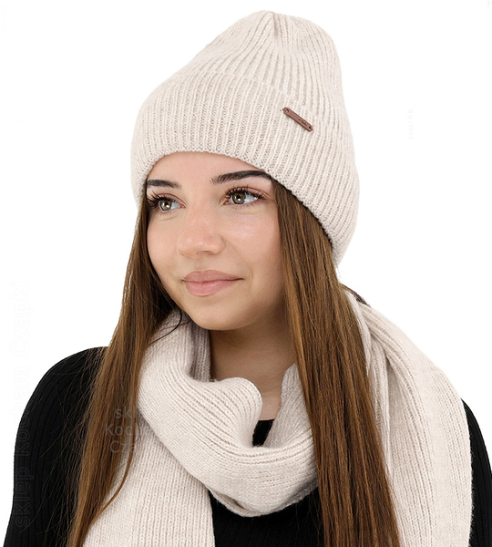 Komplet zimowy damski, czapka i szalik, z wełną merino, Alyssa, beżowy jasny (04), 56-60 cm