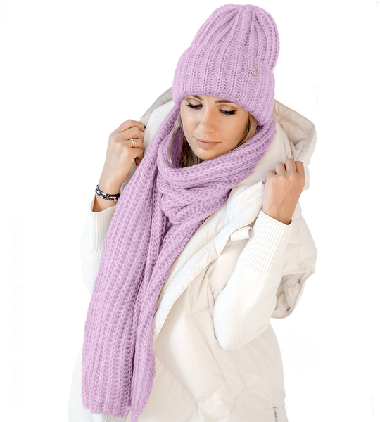 Czapka i szalik damski, modny komplet zimowy, Limda, fioletowy, 56-59 cm