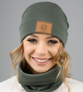Czapka i komin damski, komplet  jesienny/wiosenny, Valliana, ciemna oliwka, 55-57 cm